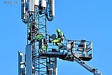09-01-2024 Breda- Het is ijskoud en met een gevoelstemperatuur -12C zitten monteurs in de ijzige kou op flinke hoogte te werken aan een gsm mast in de wijk Haagse Beemden .Een man doet op hoog niveau oefeningen met zn benen om warm te blijven. - Fotokrant